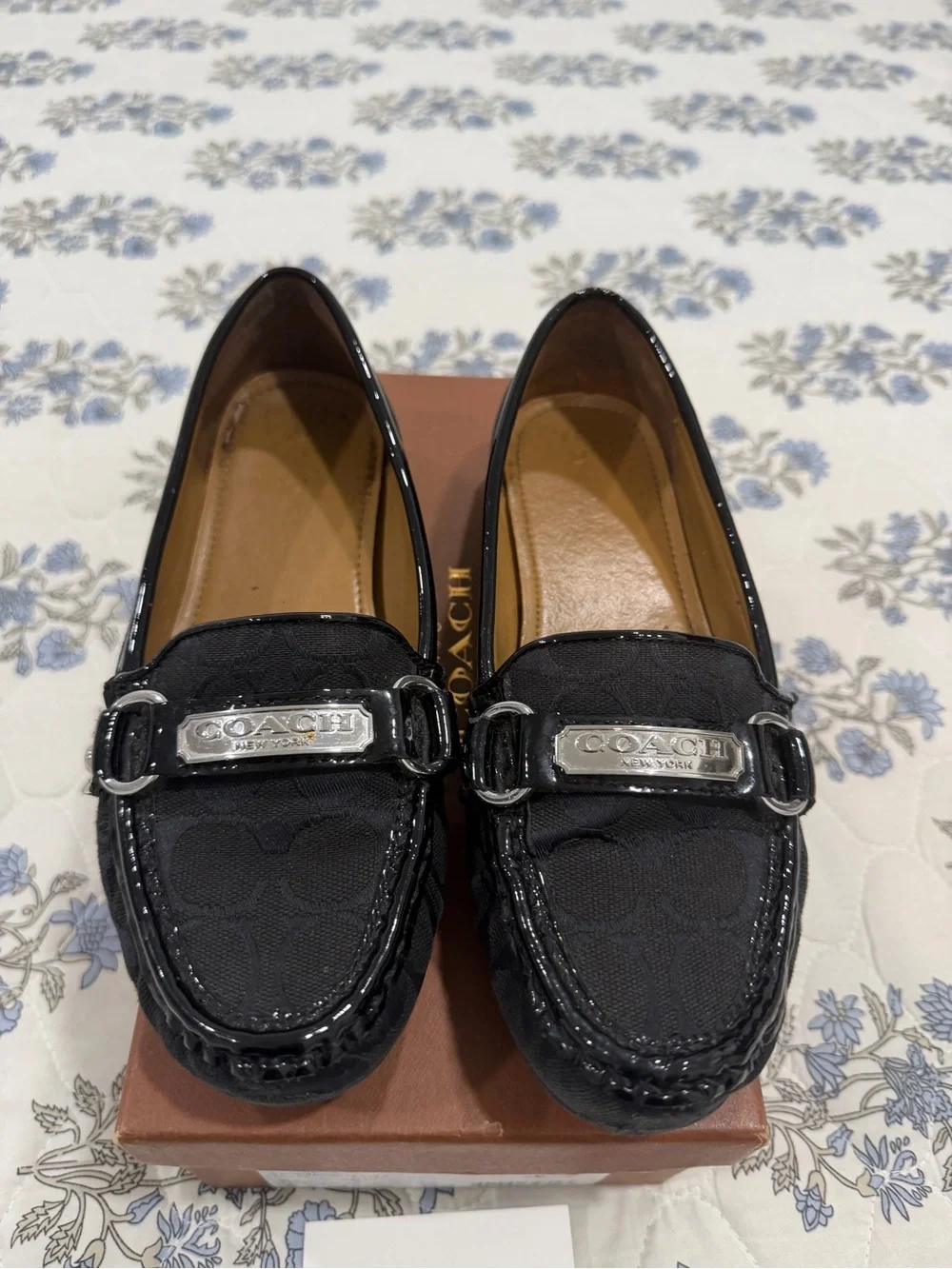 Coach Black Signature Canvas Loafers with Silver Plaque